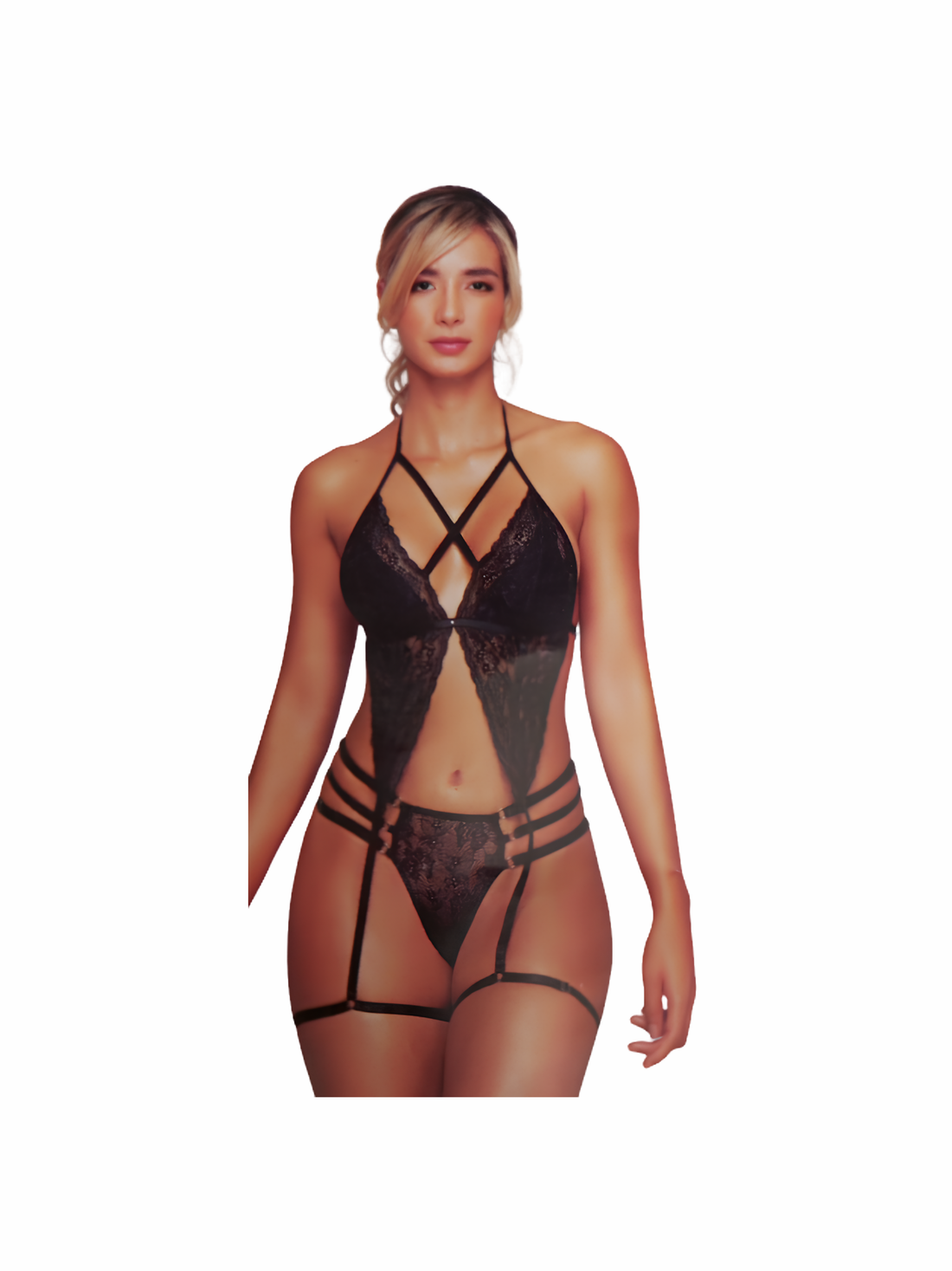 Body de Encaje Negro con Tirantes y Ligas