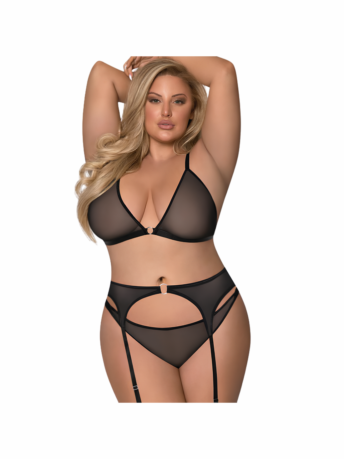 Conjunto de Lencería Negro con Transparencia y Ligueros curvy
